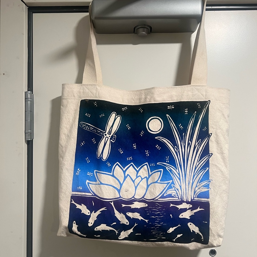 Canvas Tote w/ Blue and White Dragonfly & Lily Design